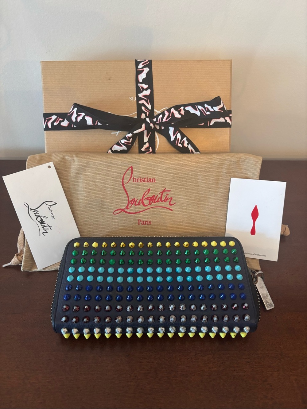 Christian Louboutin Panettone Black Zip Around Wallet with Multicolor Spikes